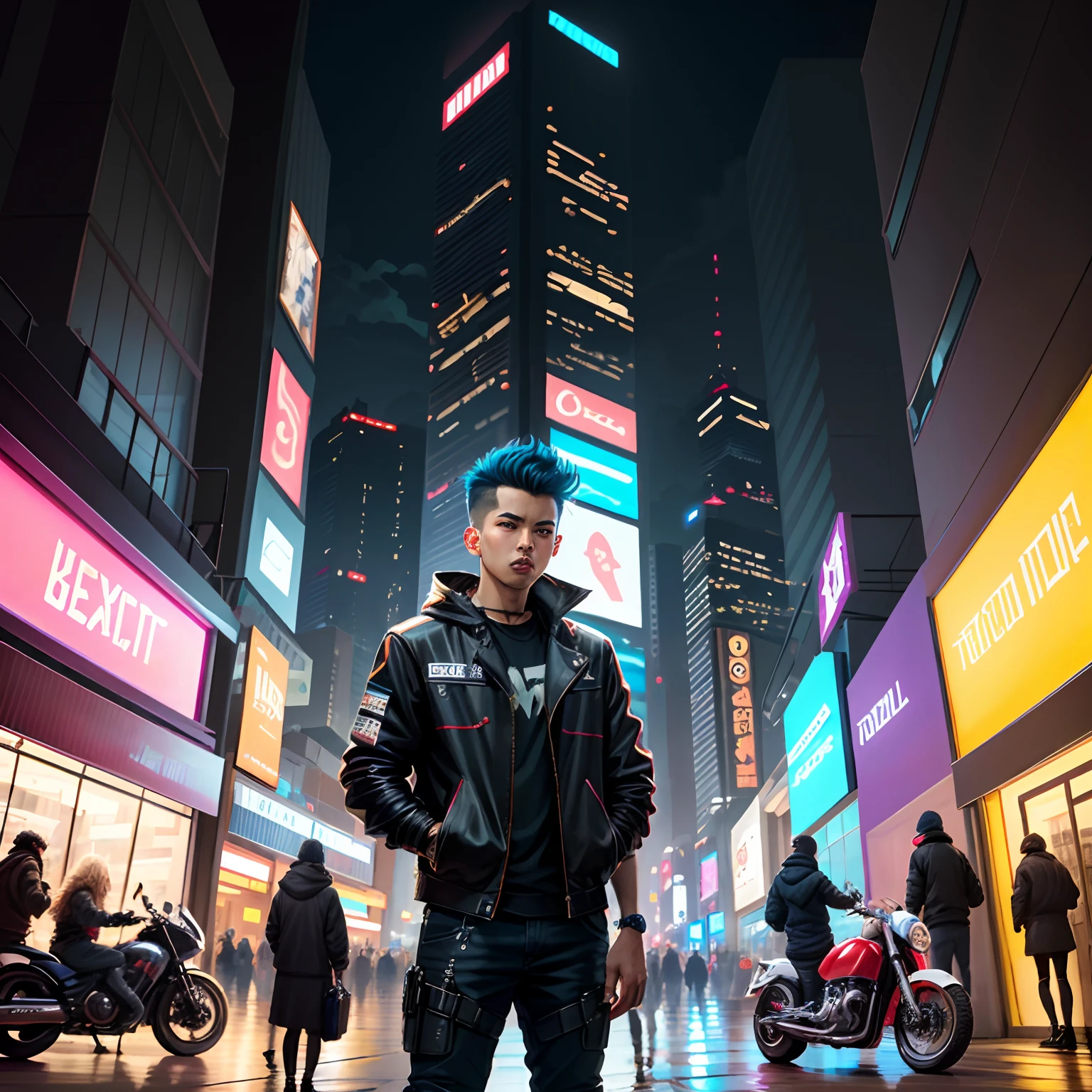 master part, best quality, Garoto cyberpunk confiante, tiro de corpo inteiro, ((standing in front of the motorcycle)), Roupa pop inspirada em Harajuku, bold colors and patterns, Attractive accessories, penteado moderno e inovador, maquiagem vibrante, Paisagem urbana deslumbrante cyberpunk, skyscrapers, neon signs, luzes led, esquema de cores vivas e brilhantes, anime, illustration, Textura detalhada da pele, textura de pano detalhada, Rosto bonito e detalhado, detalhes intrincados, ultra detalhado.