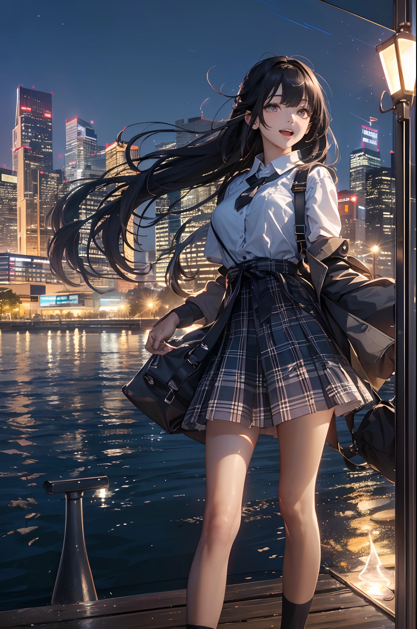 (extremely details CG、Unity、8K Wallpapers)、(extremely delicate and beautiful)、(​masterpiece)、(top-quality:1.0)、(超A high resolution:1.0)、beautiful  lighting、perfect lightning bolt、realistic shadow、[hight resolution]、Detailed skin、ultra-detailliert、detailed faces and eyes、Realistic eyes、Sharp pupils、cowboy  shot,  (Vibrant city skyline reflected on the tranquil waterfront:1.4)、Evening glow、beauitful face、blurry backround、-yeld beiful girl、shinny skin、poneyTail、Beautiful black hair、Blunt bangs、eyes are brown、student clothes、Plaid miniskirt、knee sox、Black socks、Curve、Smile with open mouth