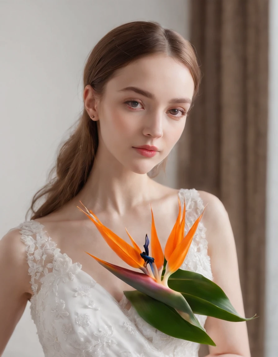 woman in white dress holds some bird of paradise flowers, studio lighting, side shot, white background, bold colors, in the style of ultrafine detail, high quality photo, medium body framing