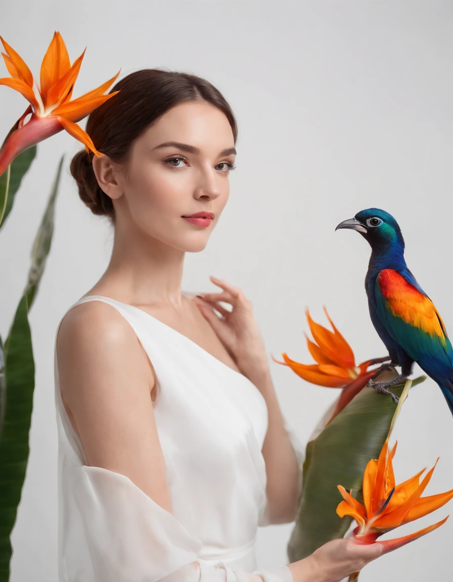 woman in white dress holds some bird of paradise flowers, studio lighting, side shot, white background, bold colors, in the style of ultrafine detail, high quality photo, medium body framing