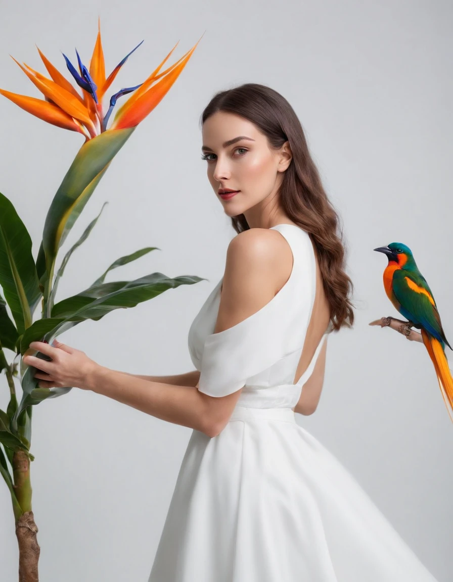 woman in white dress holds some bird of paradise flowers, studio lighting, side shot, white background, bold colors, in the style of ultrafine detail, high quality photo, medium body framing