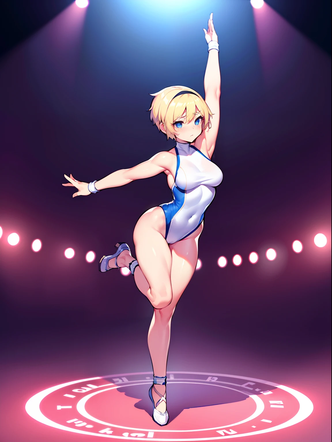 Modest, Shy, Infinitely cute and beautiful, sporty figure, pumped up athletic girl ; Blonde with short hair, with small neat elastic breasts; with protruding muscles; big eyes, long eyelashes; colossal embarrassment blushed greatly, looking at the camera; Completely naked, Completely naked on stage, stretching, ballet steps(arabesque plie); An alluring hand gesture to the audience, performing on stage, The spotlight is aimed at her (In the circle of light), Focus on that; full body photography, A little further away, Anatomical realism, higly detailed, high quality textures