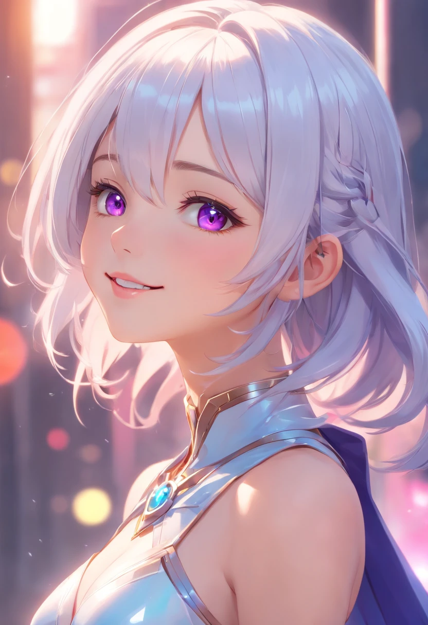 cleavage,Bigchest,sensual seduction,Hyper-realistic,Live-action photo,Stunning beauty,half-body shots,One wearing a pink metal mechanical skirt on a solid background,Silver-white shawl hair woman, 3 D rendering character art 8 K, Cyborg - Girl with white hair, beautiful female android!, beautiful female android, perfect android girl, beautiful android woman, smooth digital concept art, smooth 3d cg render,, sci - fi character, Beautiful robot character design,ssmile,largeeyes,The upper part of the body,cute delicate face, Extremely beautiful face, beautiful delicate face, Stunning anime face portrait, beautiful aesthetic face, Detailed beautiful face, girl cute-fine face, Realistic beautiful face, Beautiful realistic face, beautiful and realistic faces, girl with white eyes,Right shoulders,Blue has God's eyes,Ultra-delicate smooth skin,Asian face shape,Girl futuristic white and pink shiny metallic silver white long dress,Smile without showing your teeth,ssmile,二重まぶた,Purple pupils,largeeyes,Clear strands of hair,Show your upper body,Elongated arms,White skin of the,True ambient colors,20 years old young face,The eyes are crystal clear,Shorten the interpupillary distance,smiling at her lips,Happy expression,purple eyeshadow,Straight nose,rosy lips,Complete facial features,18-year-old girl,Erotic smile,A full-face photo of the front of the face,Bright surroundings,Dress conservatively,Smooth skin,Shawl hair,