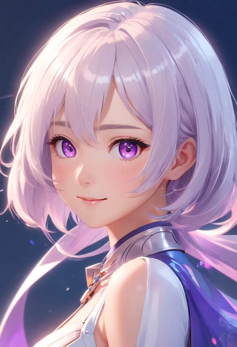 cleavage，Bigchest，sensual seduction，Hyper-realistic，Live-action photo，Stunning beauty，half-body shots，One wearing a pink metal mechanical skirt on a solid background，Silver-white shawl hair woman, 3 D rendering character art 8 K, Cyborg - Girl with white hair, beautiful female android!, beautiful female android, perfect android girl, beautiful android woman, smooth digital concept art, smooth 3d cg render,, sci - fi character, Beautiful robot character design，ssmile，largeeyes，The upper part of the body，cute delicate face, Extremely beautiful face, beautiful delicate face, Stunning anime face portrait, beautiful aesthetic face, Detailed beautiful face, girl cute-fine face, Realistic beautiful face, Beautiful realistic face, beautiful and realistic faces, girl with white eyes，Right shoulders，Blue has God's eyes，Ultra-delicate smooth skin，Asian face shape，Girl futuristic white and pink shiny metallic silver white long dress，Smile without showing your teeth，ssmile，二重まぶた，Purple pupils，largeeyes，Clear strands of hair，Show your upper body，Elongated arms，White skin of the，True ambient colors，20 years old young face，The eyes are crystal clear，Shorten the interpupillary distance，smiling at her lips，Happy expression，purple eyeshadow，Straight nose，rosy lips，Complete facial features，18-year-old girl，Erotic smile，A full-face photo of the front of the face，Bright surroundings，Dress conservatively，Smooth skin，Shawl hair，