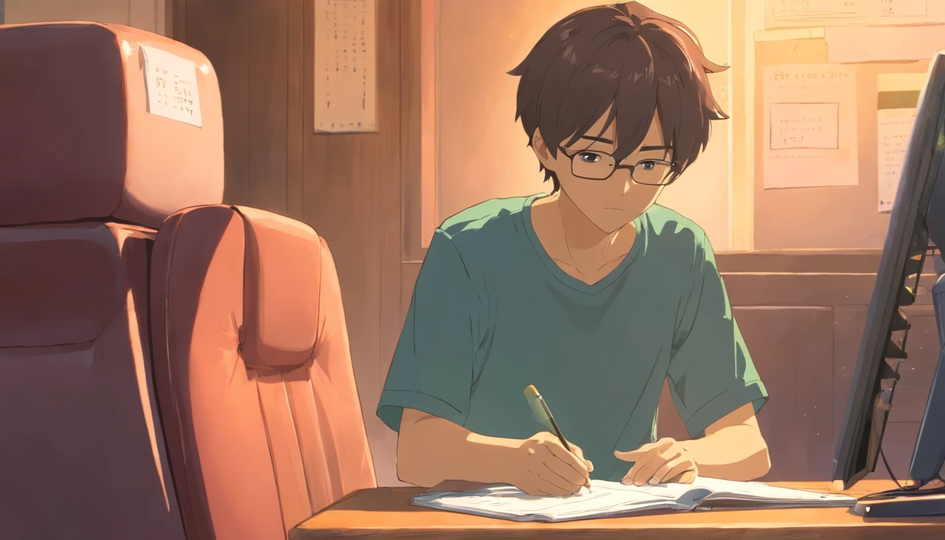 take a picture of a young man sitting in the back chair using a notebook, programming encodes all of this into anime