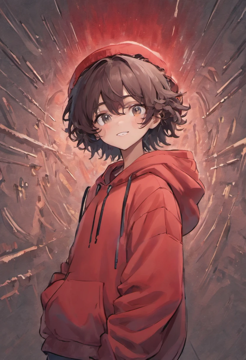((a boy with dark brown curly hair)) , ((wearing red hoodie)), (( NOTHING ON RED HOODIE )), ((ALL GREY BUCKET HATT)), ((WHITE SMILEY FACE on grey bucket hat)),(( blank pants)), (( doing ✌️ hands )) ((doing a peace sighn as his pose)) ((eyes closed)) (( eyes close because he is smiling )) (( Smiling big)) ((grey bucket hat with the white smiley face most important)),(( smiling))