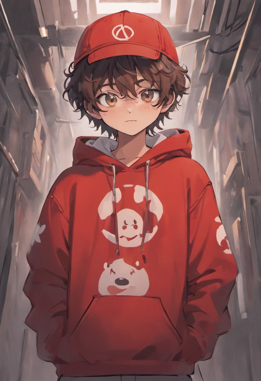((a boy with dark brown curly hair)) , ((wearing red hoodie)), (( NOTHING ON RED HOODIE )), ((ALL GREY BUCKET HATT)), ((WHITE SMILEY FACE on grey bucket hat)),(( blank pants)), (( doing ✌️ hands )) ((doing a peace sighn as his pose)) ((eyes closed)) (( eyes close because he is smiling )) (( Smiling big)) ((grey bucket hat with the white smiley face most important)),(( smiling))