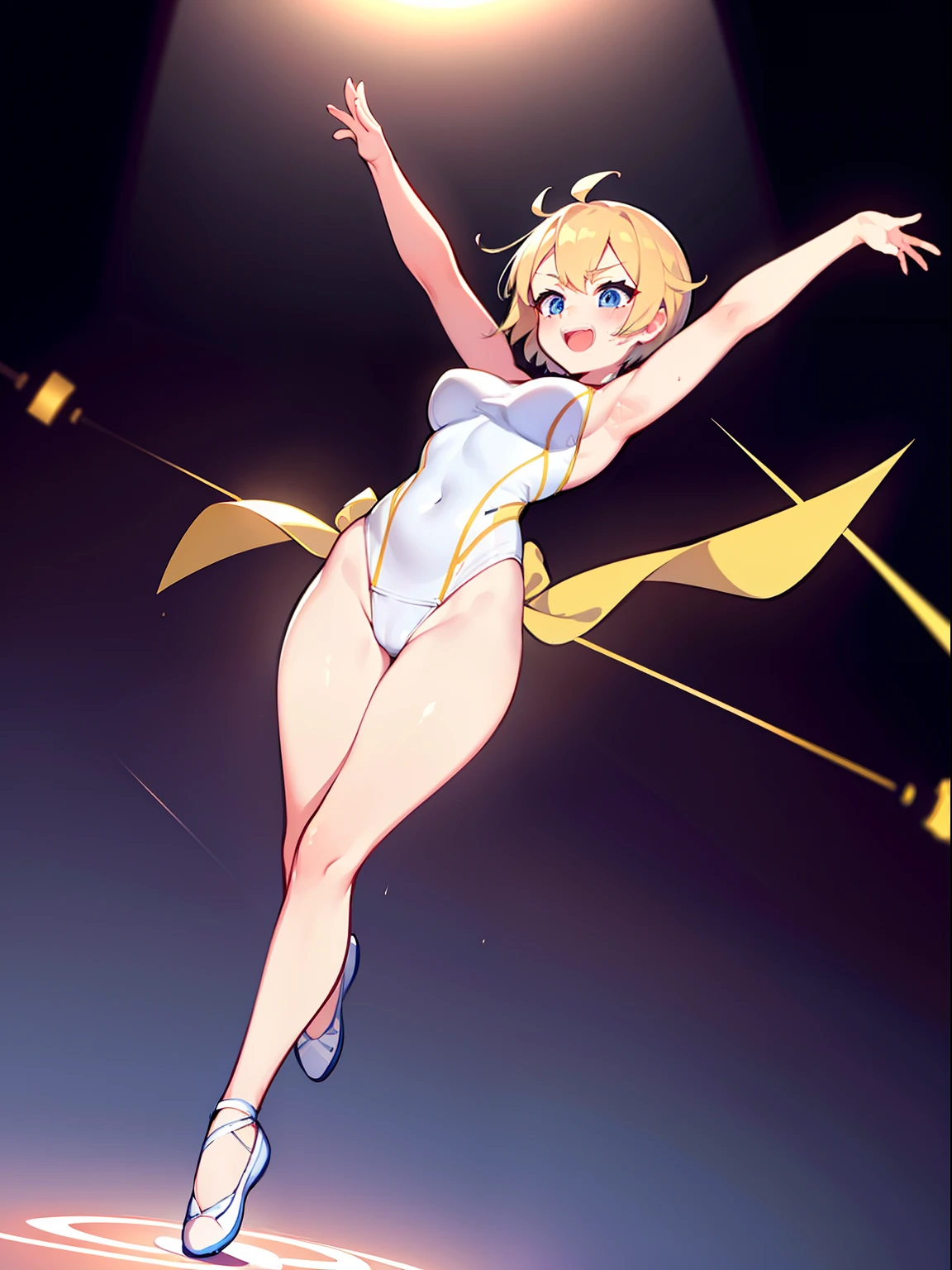 Modest, Shy, Infinitely cute and beautiful, sporty figure, pumped up athletic girl ; Blonde with short hair, with small neat elastic breasts; with protruding muscles; big eyes, long eyelashes, Happy, joyful smile, laughter, looking at the camera, Silk absolutely white ballet swimsuit, stretching, ballet steps(Arabesque folds); An alluring hand gesture to the audience, performing on stage, The spotlight is aimed at her (In the circle of light), Focus on that; full body photography, A little further away, Anatomical realism, higly detailed, high quality textures
