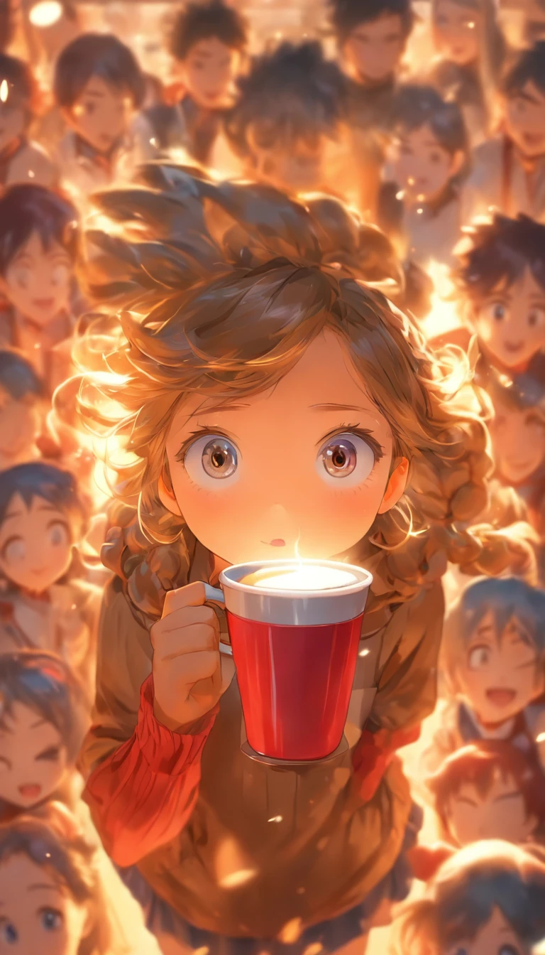 There was a young girl holding a cup of coffee in her hand, girl cute-fine face, Cute natural anime face, with cute - fine - face, sakimi chan, chiho, Yoshitomo Nara, Young and cute face, beautiful Japanese girl face, brown hair and large eyes, cute kawaii girls, beautiful light big eyes