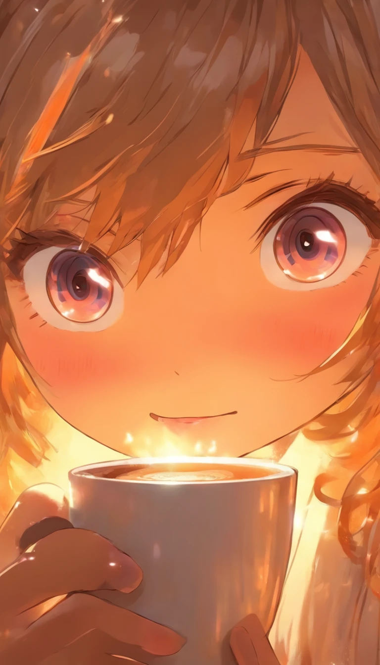 There was a young girl holding a cup of coffee in her hand, girl cute-fine face, Cute natural anime face, with cute - fine - face, sakimi chan, chiho, Yoshitomo Nara, Young and cute face, beautiful Japanese girl face, brown hair and large eyes, cute kawaii girls, beautiful light big eyes