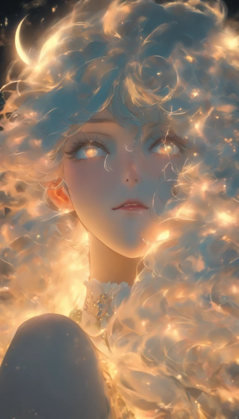 Masterpiece, Highest quality, (solofocus), (Perfect face:1.1), (High detail:1.1),Dramatic, 1人, (Pale skin), Long white hair, White eyes, Solo, Long hair, Moon, Night, white luxury suit, Vampire, covered navel, pouty lips, Covered, victorian city, Detailed background, Gothic Renaissance, Cinematic lighting,