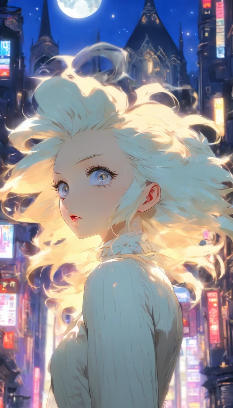 Masterpiece, Highest quality, (solofocus), (Perfect face:1.1), (High detail:1.1),Dramatic, 1人, (Pale skin), Long white hair, White eyes, Solo, Long hair, Moon, Night, white luxury suit, Vampire, covered navel, pouty lips, Covered, victorian city, Detailed background, Gothic Renaissance, Cinematic lighting,