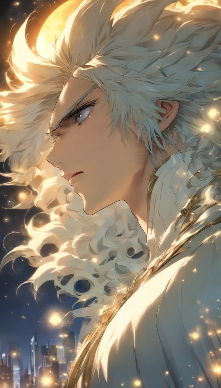 Masterpiece, Highest quality, (solofocus), (Perfect face:1.1), (High detail:1.1),Dramatic, 1人, (Pale skin), Long white hair, White eyes, Solo, Long hair, Moon, Night, white luxury suit, Vampire, covered navel, pouty lips, Covered, victorian city, Detailed background, Gothic Renaissance, Cinematic lighting,