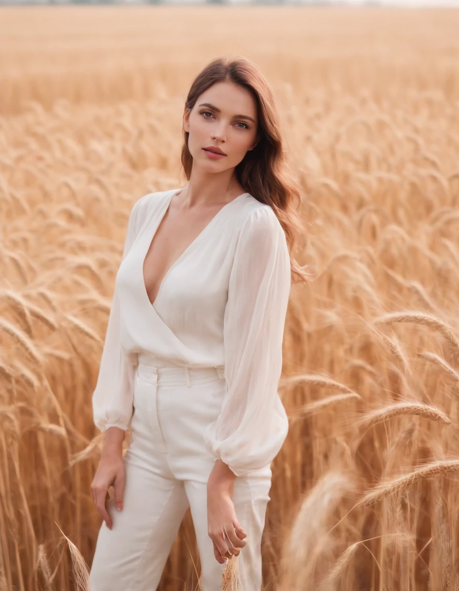 a woman in a white blouse and pants standing in a wheat field, in the style of gossamer fabrics, asymmetrical balance, y2k aesthetic, luminous hues, flowing fabrics, anja millen, kitsch and camp charm,upper body