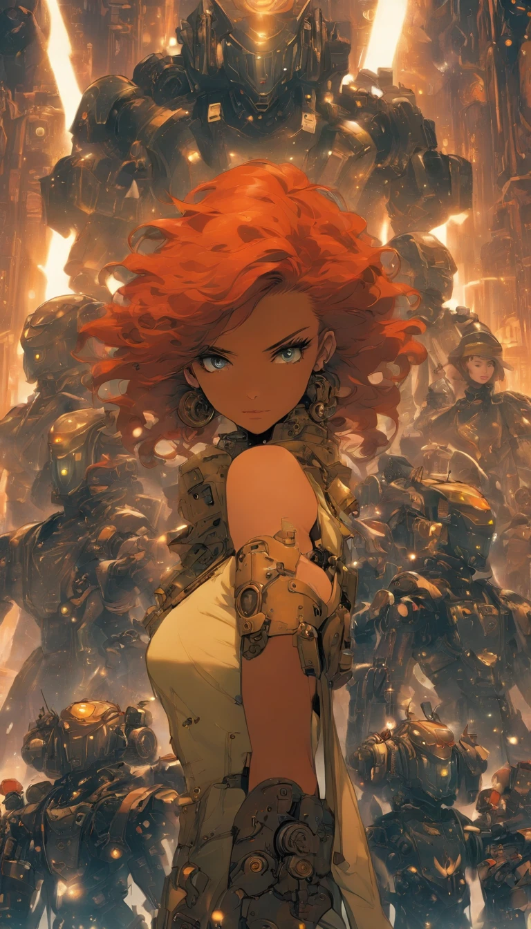 There is a woman standing in front of a group of robots, steampunk male portrait, synthetic, beautiful android woman, stormy and grand war scene, Inspired by Richard Arviden, a black dieselpunk policewoman, redhead woman, Girl in suit, Intricate fashion clothing, beautiful female soldier