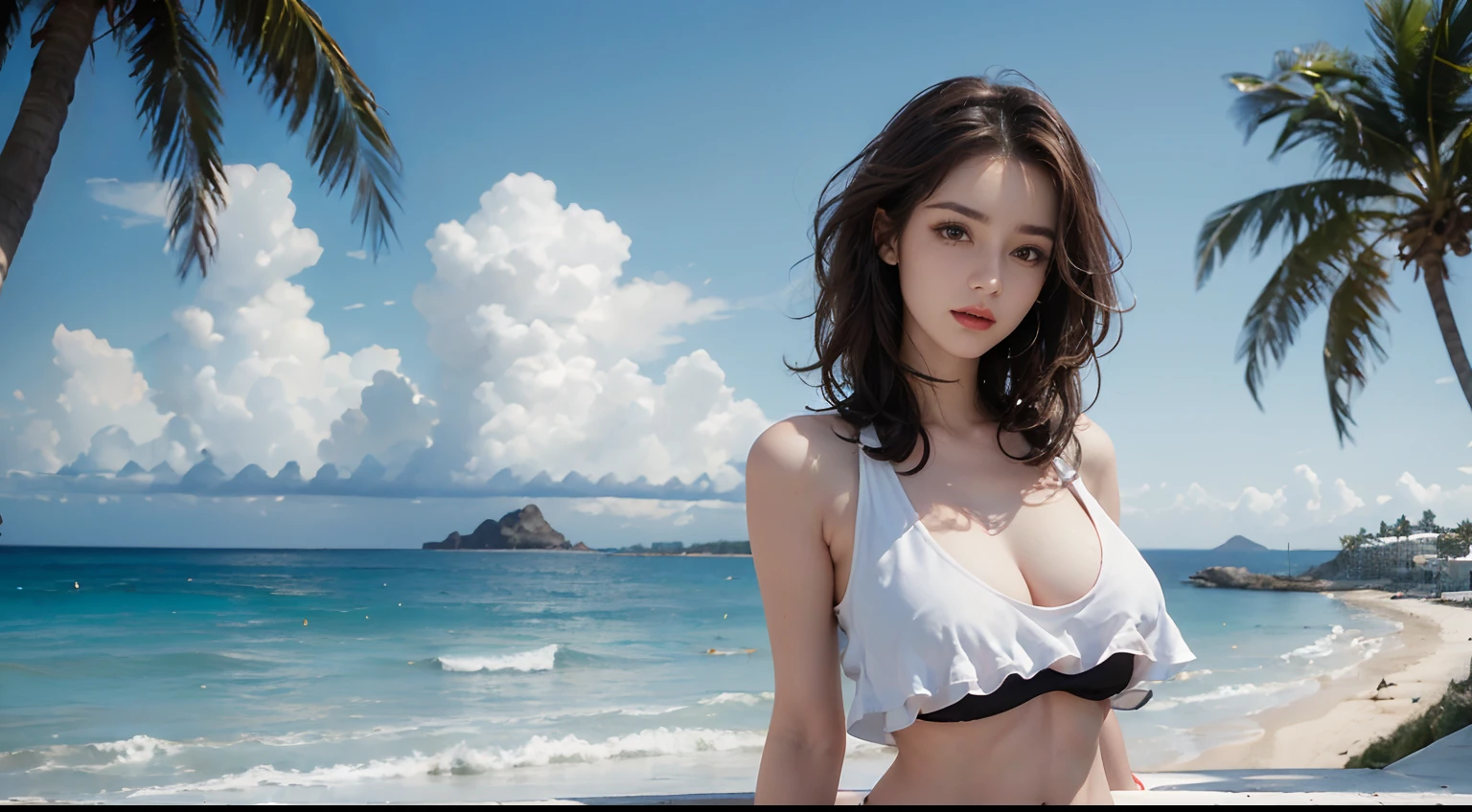 ((best qualtiy, 8K, tmasterpiece:1.3)), edgy:1.2, A beautiful woman with a perfect body:1.4, Slim Abs:1.2, ((Layered hairstyle, tits huge:1.5)), (Aten,the street:1.2),wet:1.5,Highly detailed facial and skin texture,A detailed eye,Double eyelidd,Look at the camera sideways,open shirt,navels,exposed navel,Cover your chest with your hands,hands on breasts, Sunny weather, seaside, waves, palm tree, White tank top and ripped shorts, seaside, waves, palm tree, seaside, waves, palm tree, seaside, waves, palm tree, seaside, waves, palm tree