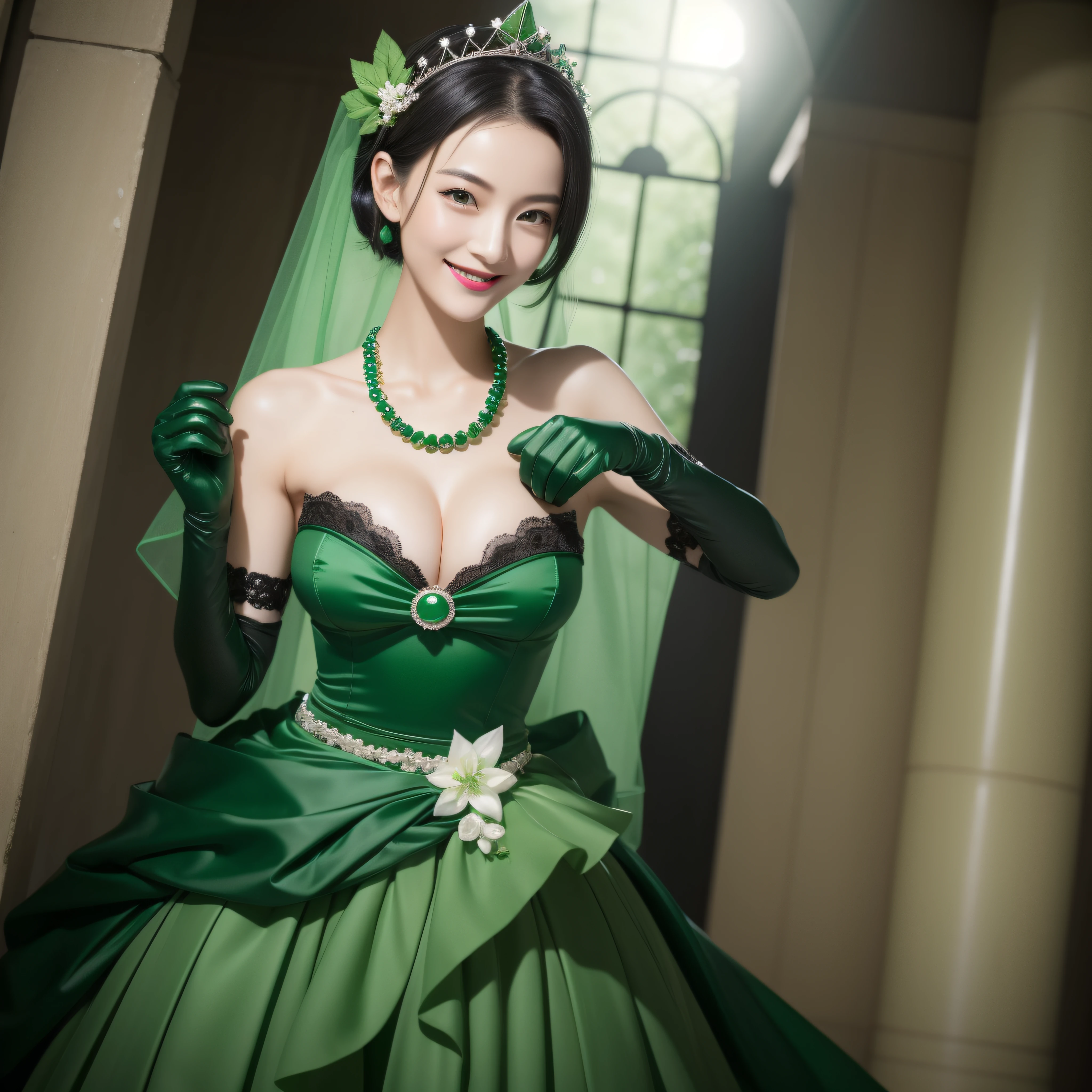 Boyish very short black hair, lipsticks, Japan woman smiling, Green Long Grove,　Emerald Tia boyish very short black hair, lipsticks, Japan woman smiling, Satin green long gloves,　emerald tiara, Green Pearl Necklace, verd s eyes, Green eyes, Long green gloves made of satin material, big breasts beautiful, Green Bridal Veil