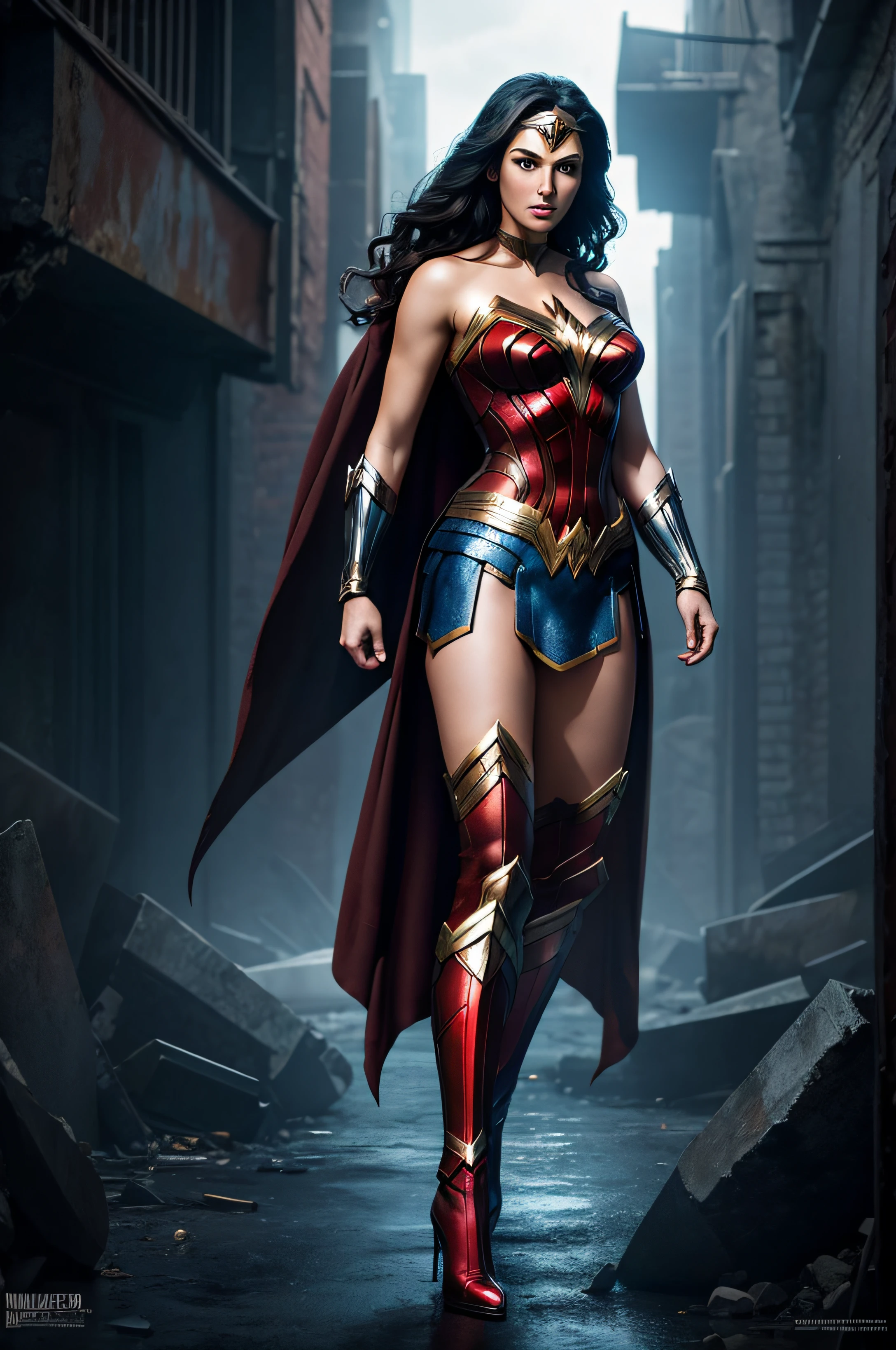 full body dark superheroine aka wonder woman, dark leather outfit, photorealistic leather boots, black long hair, black eyes, red lips, perfect hands, big breast, broad athletic shoulders, thin waist, long muscular legs, perfect hands, perfect legs, perfect breasts, detailed hands, perfect eyes, detailed eyes, perfect stomach, cool, measured sexy, perfect legs, perfect breasts, detailed hands, perfect eyes, detailed eyes, perfect stomach, cool, measured sexy, in a narrow corridor of a scary maze, twilight, dense fog, dirty floor with a startled expression