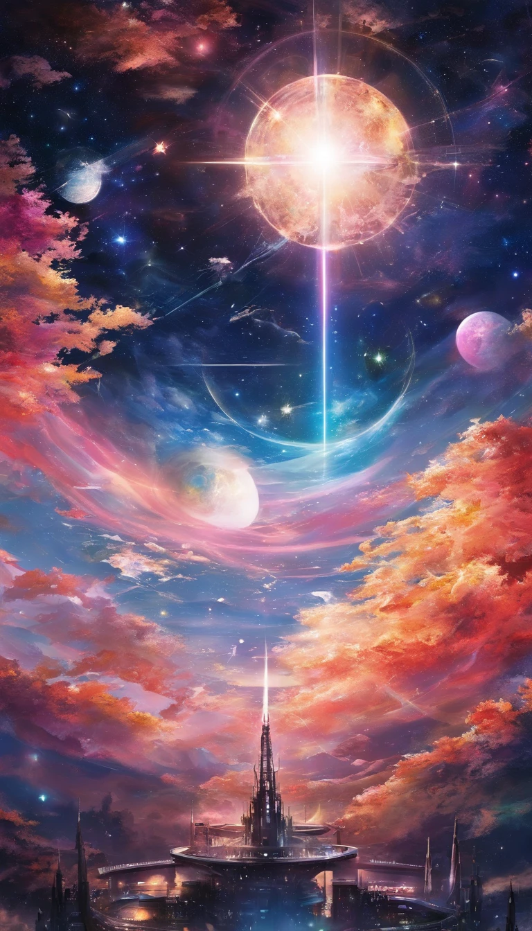 ((Masterpiece)),(Best quality)),Magnificent space image scene,heavenly body,Interstellar,((Huge star gates)),black hole,(((Huge starship))),Spaceship,Shining starry sky,8K,super-fine,high qulity