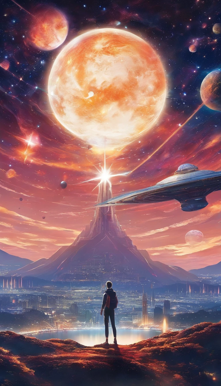 ((Masterpiece))，(Best quality))，Magnificent space image scene，heavenly body，Interstellar，（（Huge star gates）），black hole，（（（Huge starship））），Spaceship，Shining starry sky，8K，super-fine，high qulity
