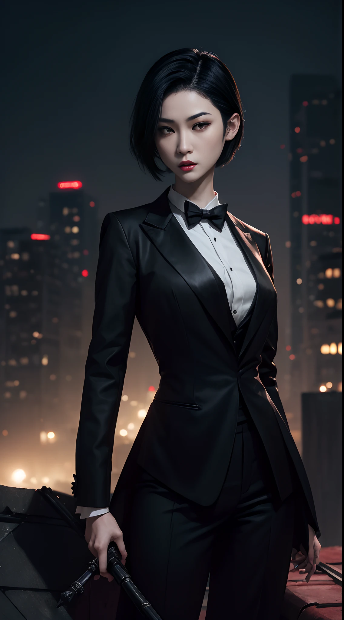 (A beautiful 25 years old Asian female vampire:1.4), (short black hair:1.2), (pale skin), (detailed skin:1.4), (serious face), (wearing black tuxedo:1.4), (waist up shot:1.2), view from front, (dynamic action pose:1.2), (chiaroscuro lighting:0.8), (building rooftop at night:1.2), photo realism, intricate face detail, intricate hand details, highly detailed, vibrant colors, cinematic, 8k, trending on Artstation--style raw