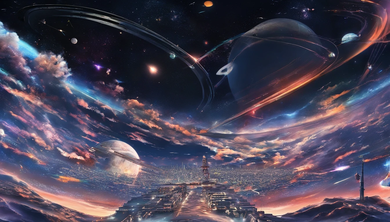 ((Masterpiece)),(Best quality)),Magnificent space image scene,heavenly body,Interstellar,((Huge star gates)),black hole,(((Huge starship))),Spaceship,Shining starry sky,8K,super-fine,high qulity