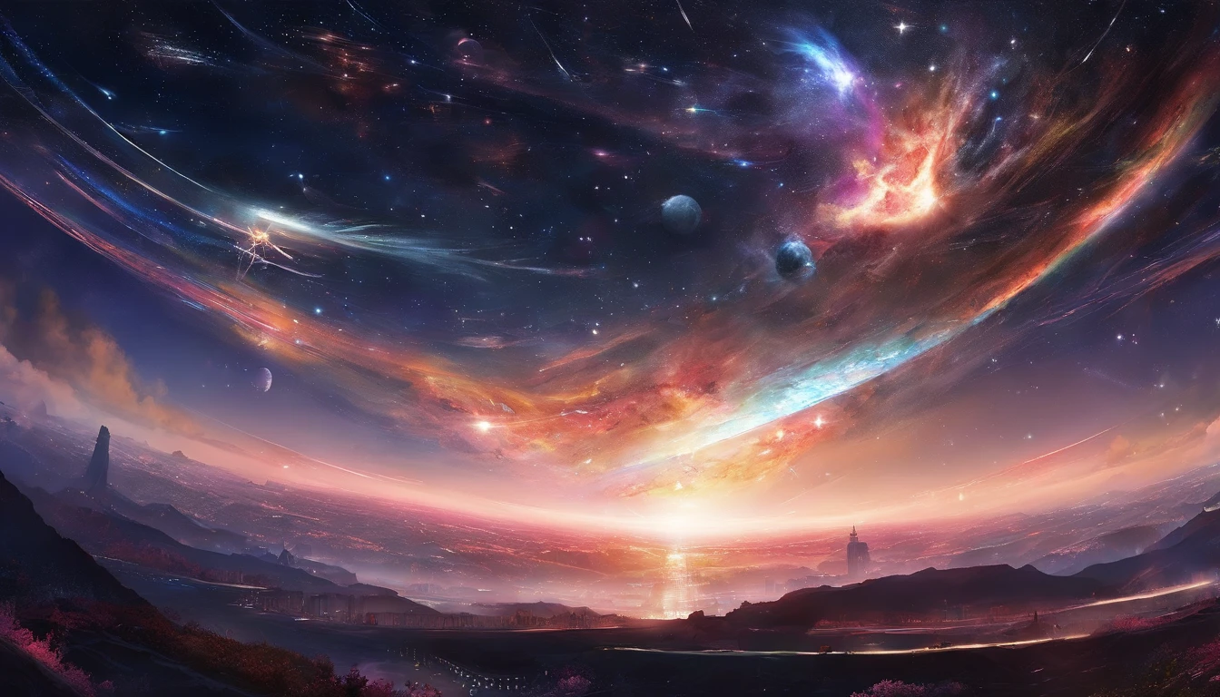((Masterpiece)),(Best quality)),Magnificent space image scene,heavenly body,Interstellar,((Huge star gates)),black hole,(((Huge starship))),Spaceship,Shining starry sky,8K,super-fine,high qulity