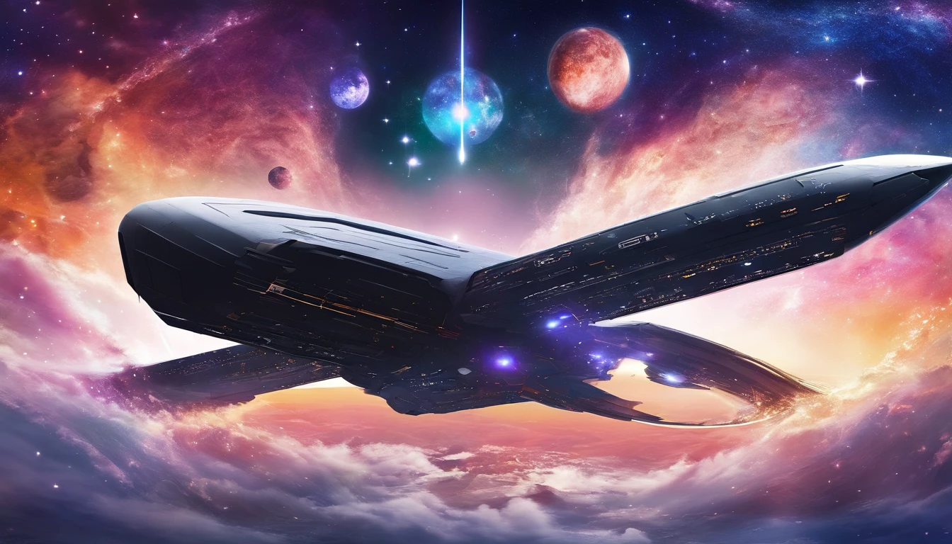 ((Masterpiece)),(Best quality)),Magnificent space image scene,heavenly body,Interstellar,((Huge star gates)),black hole,(((Huge starship))),Spaceship,Shining starry sky,8K,super-fine,high qulity
