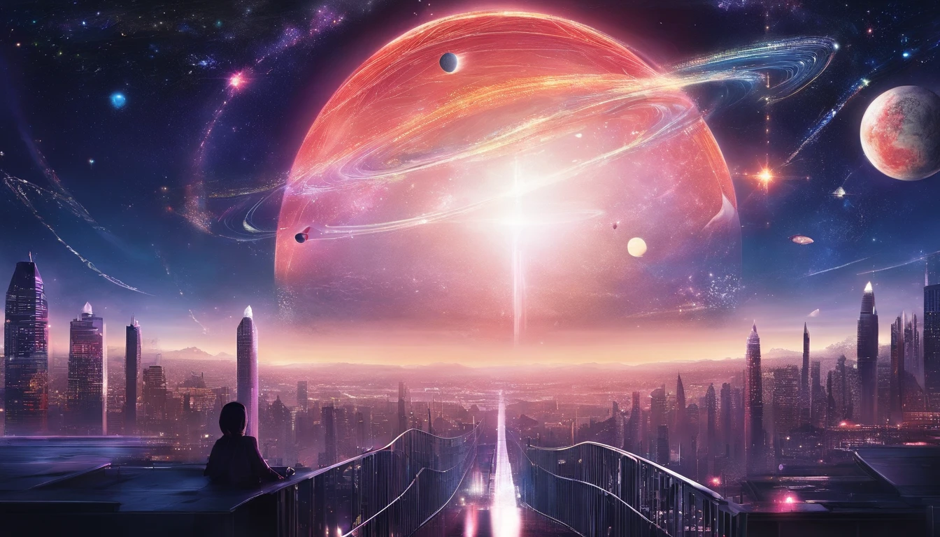 ((Masterpiece)),(Best quality)),Magnificent space image scene,heavenly body,Interstellar,((Huge star gates)),black hole,(((Huge starship))),Spaceship,Shining starry sky,8K,super-fine,high qulity