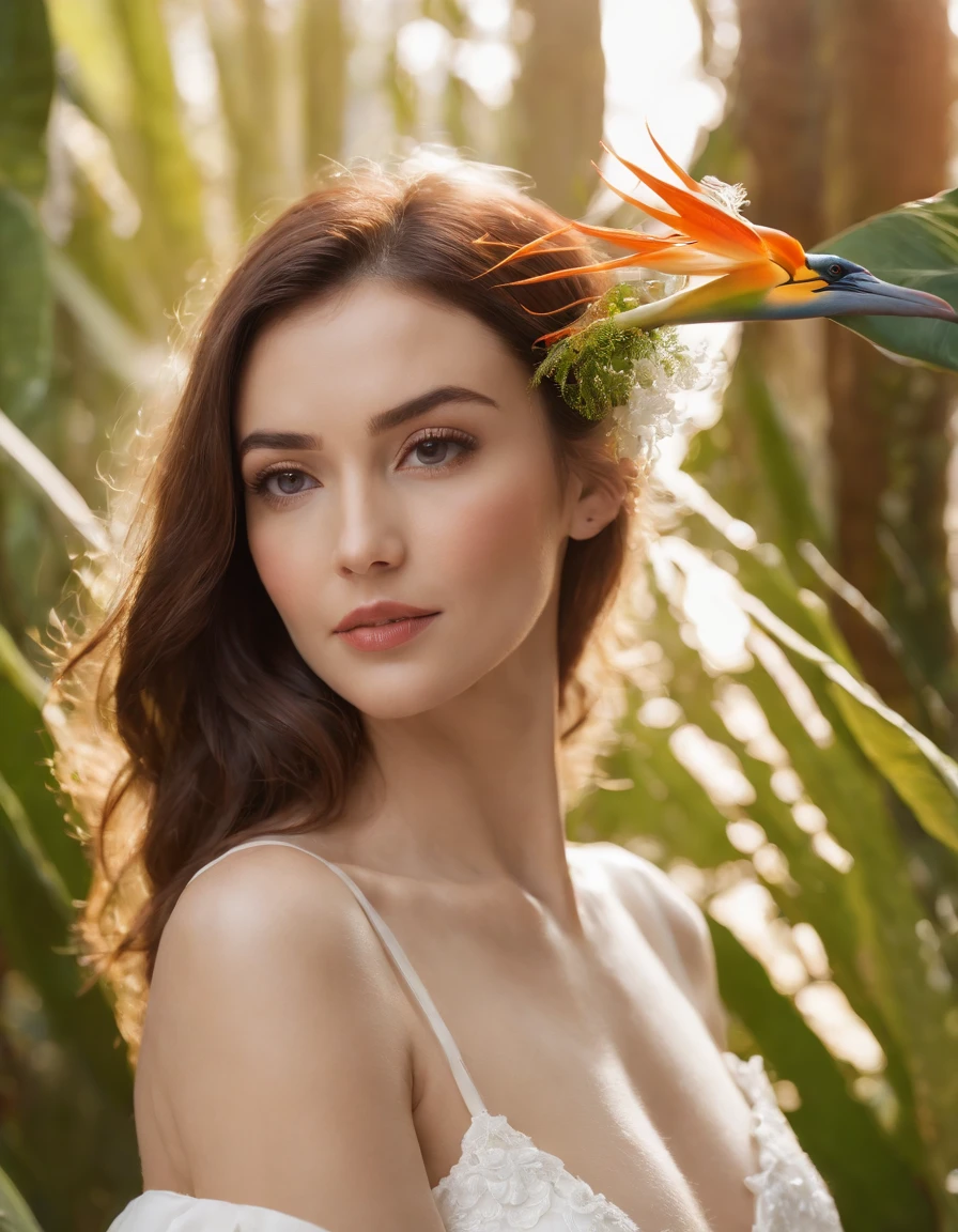 cinematic photo . 35mm photograph, film, bokeh, professional, 4k, highly detailed,woman in white dress holds some bird of paradise flowers, studio lighting, side shot, white background, bold colors, in the style of ultrafine detail, high quality photo, medium body framing,medium close-up