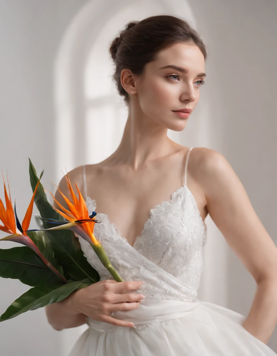 cinematic photo . 35mm photograph, film, bokeh, professional, 4k, highly detailed,woman in white dress holds some bird of paradise flowers, studio lighting, side shot, white background, bold colors, in the style of ultrafine detail, high quality photo, medium body framing,medium close-up