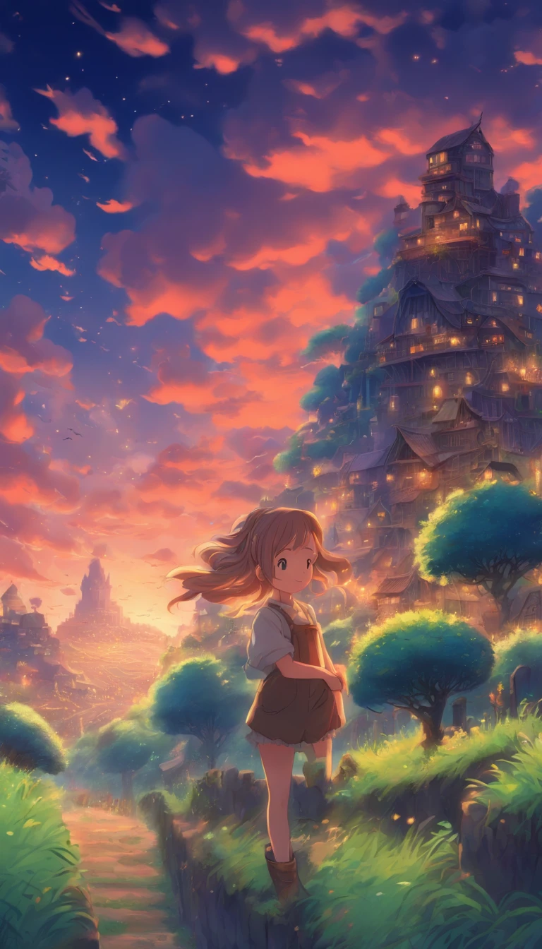 She was just a simple girl working on a farm. She lives in difficult times., These are the Dark Ages. , Crazy world, Floating islands, Cloud Castle, (Best quality:1.3), (A high resolution:1), (Detailed:1.3), (Incredible:1.3), (Perfect:1.3), (Impeccable:1.3), (Volume member art:0), (illustration:1.3), Studio Ghibli productions
