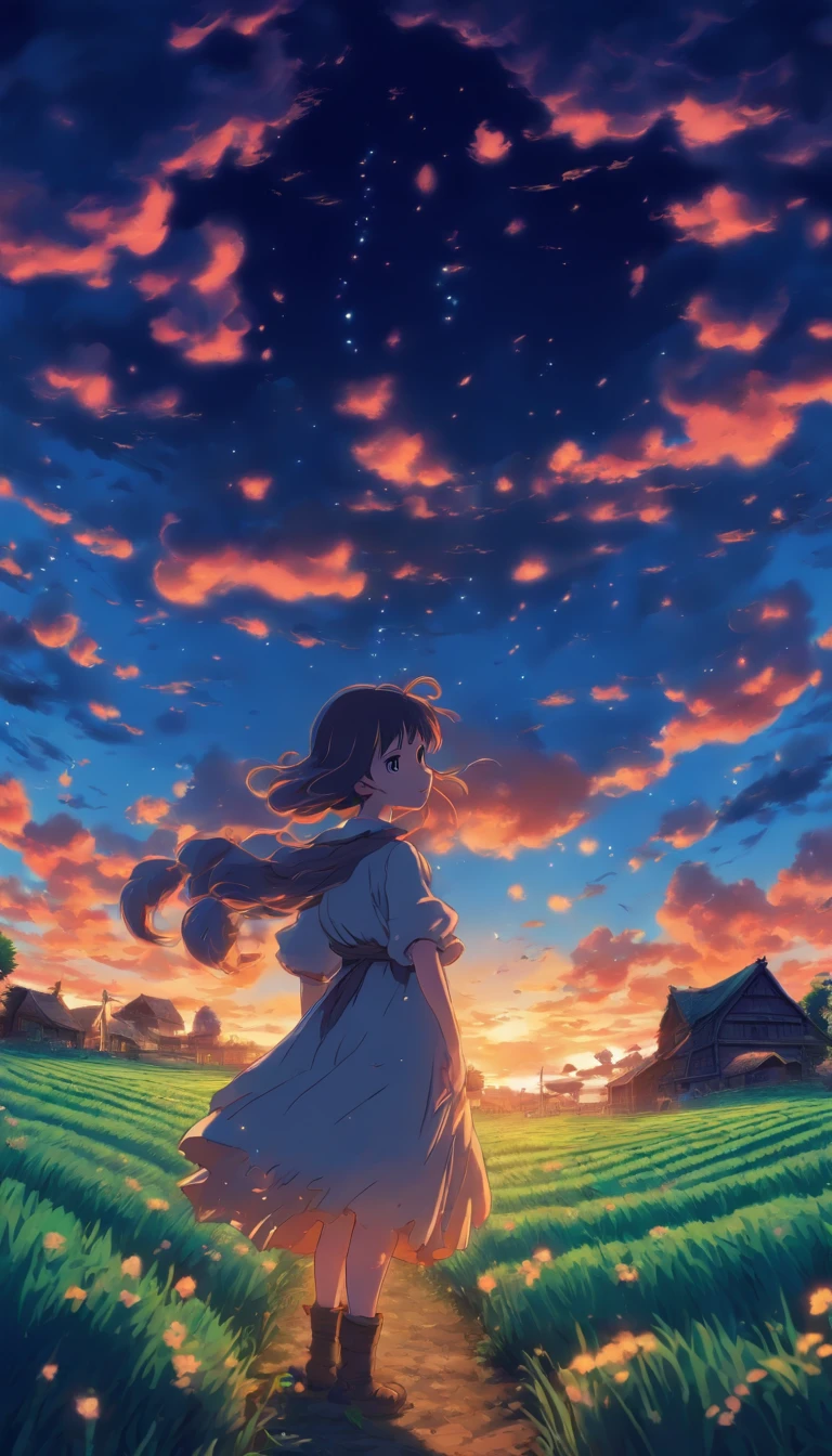 She was just a simple girl working on a farm. She lives in difficult times., These are the Dark Ages. , Crazy world, Floating islands, Cloud Castle, (Best quality:1.3), (A high resolution:1), (Detailed:1.3), (Incredible:1.3), (Perfect:1.3), (Impeccable:1.3), (Volume member art:0), (illustration:1.3), Studio Ghibli productions