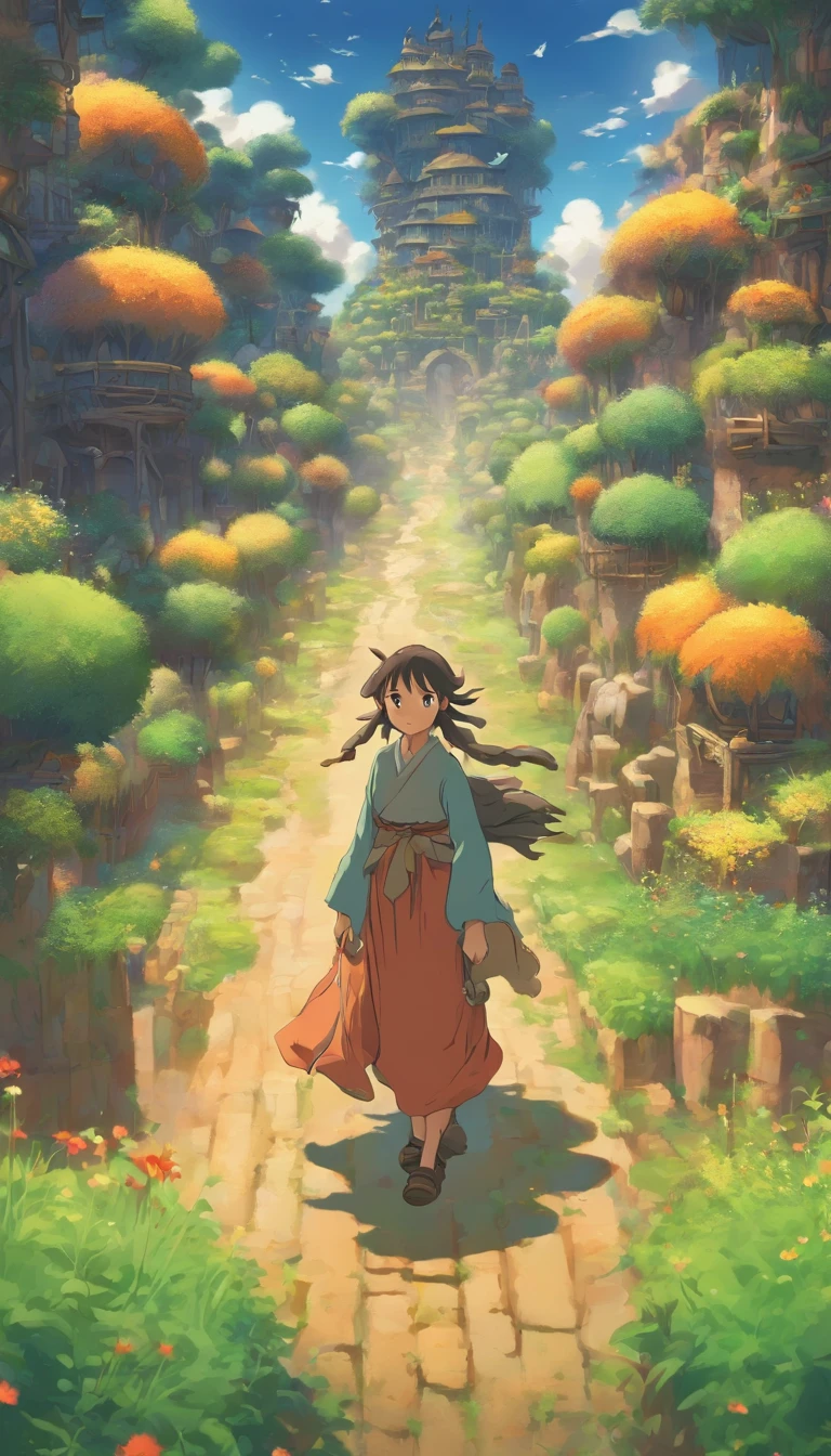 She was just a simple girl working on a farm. She lives in difficult times., These are the Dark Ages. , Crazy world, Floating islands, Cloud Castle, (Best quality:1.3), (A high resolution:1), (Detailed:1.3), (Incredible:1.3), (Perfect:1.3), (Impeccable:1.3), (Volume member art:0), (illustration:1.3), Studio Ghibli productions
