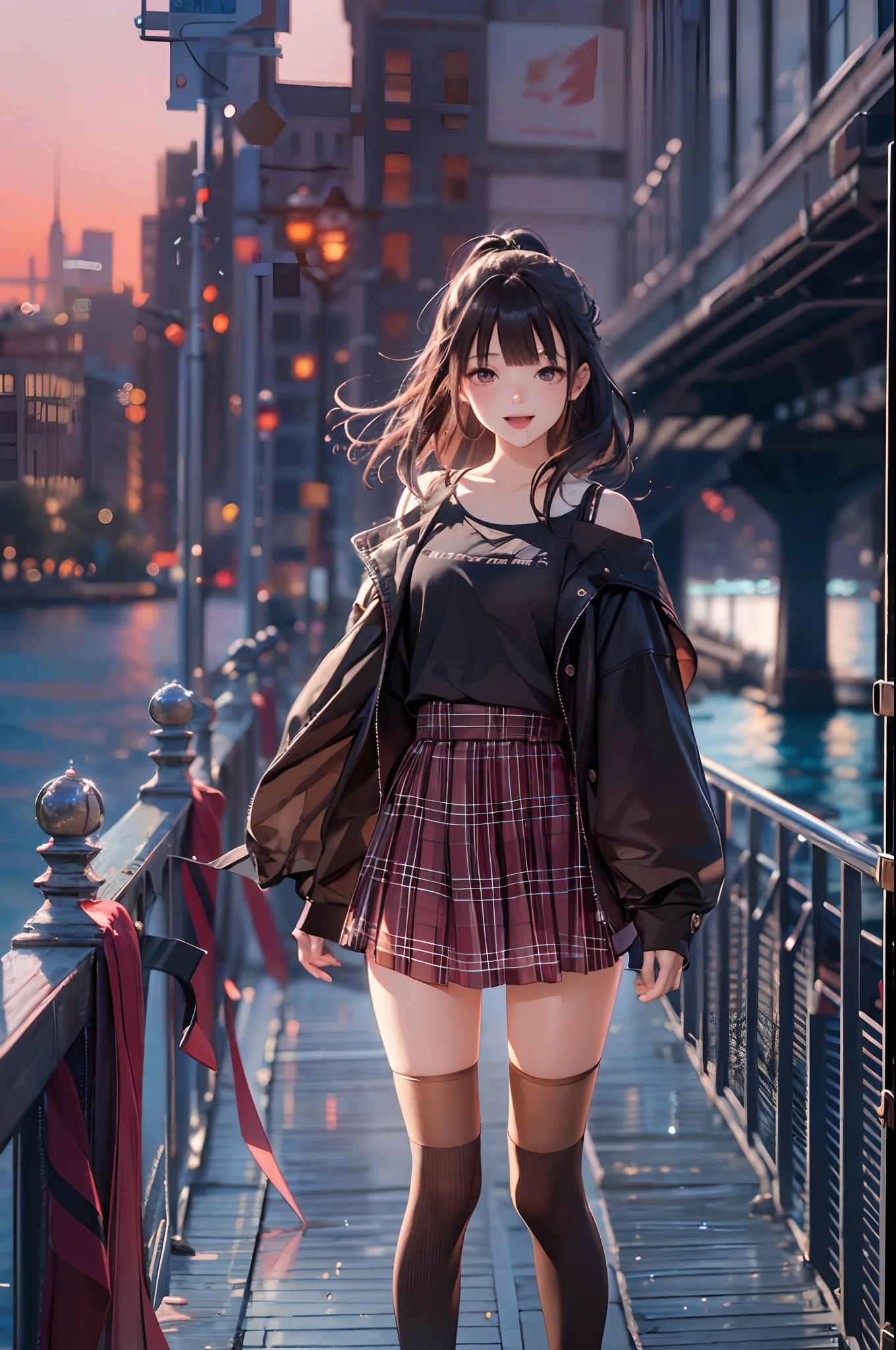 (extremely details CG、Unity、8K Wallpapers)、(extremely delicate and beautiful)、(​masterpiece)、(top-quality:1.0)、(超A high resolution:1.0)、beautiful  lighting、perfect lightning bolt、realistic shadow、[hight resolution]、Detailed skin、ultra-detailliert、detailed faces and eyes、Realistic eyes、Sharp pupils、cowboy  shot,  (Vibrant city skyline reflected on the tranquil waterfront:1.4)、Evening glow、beauitful face、blurry backround、16-year-old beautiful girl、shinny skin、poneyTail、Beautiful black hair、Blunt bangs、eyes are brown、student clothes、Plaid miniskirt、knee sox、Black socks、Curve、Smile with open mouth