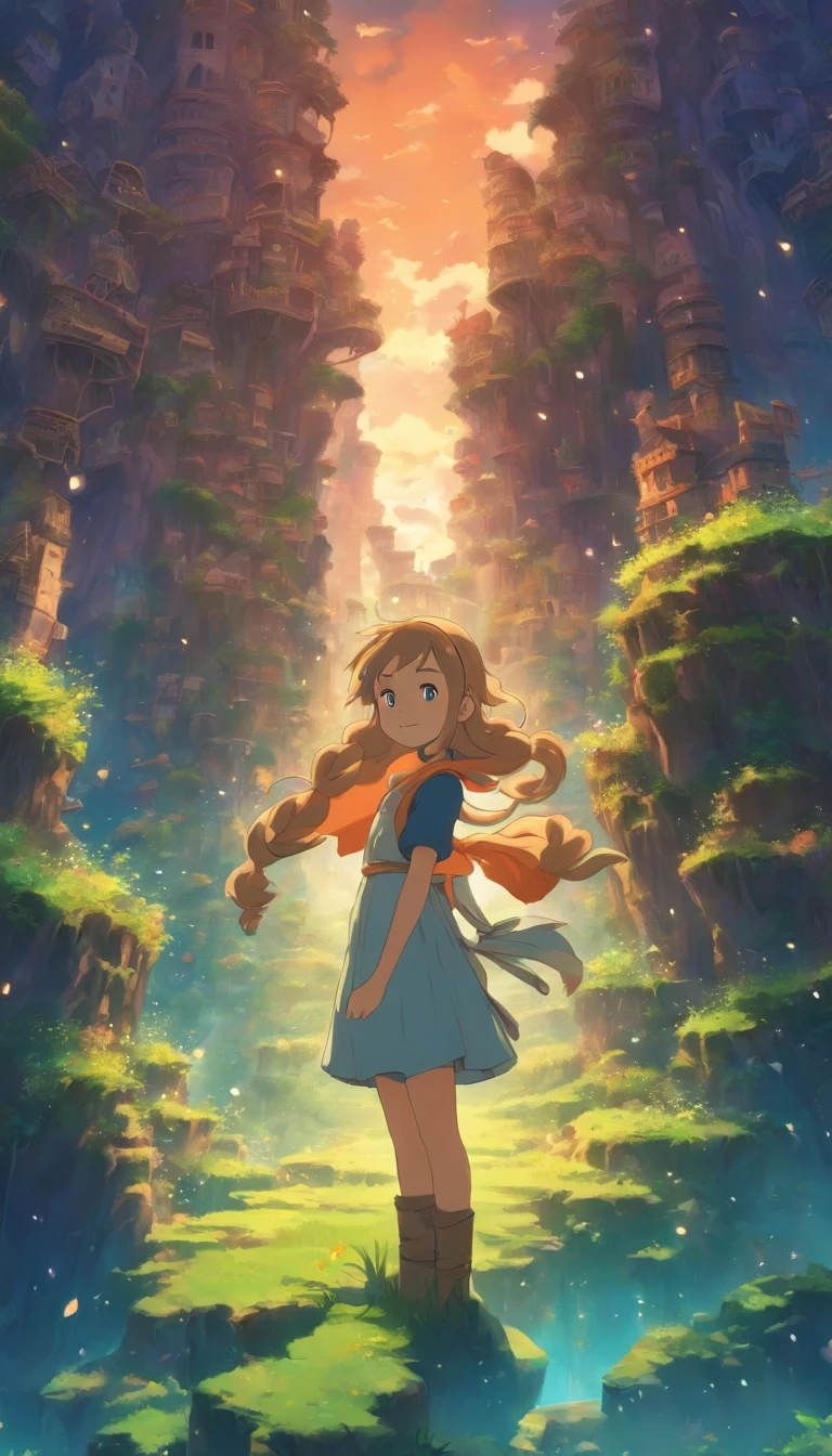She was just a simple girl working on a farm. She lives in difficult times., These are the Dark Ages. , Crazy world, Floating islands, Cloud Castle, (Best quality:1.3), (A high resolution:1), (Detailed:1.3), (Incredible:1.3), (Perfect:1.3), (Impeccable:1.3), (Volume member art:0), (illustration:1.3), Studio Ghibli productions