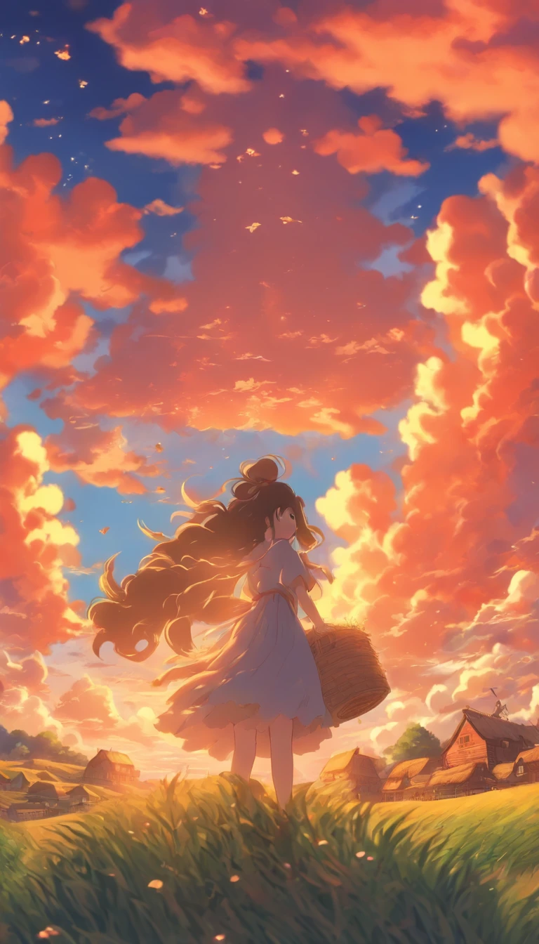 She was just a simple girl working on a farm. She lives in difficult times., These are the Dark Ages. , Crazy world, Floating islands, Cloud Castle, (Best quality:1.3), (A high resolution:1), (Detailed:1.3), (Incredible:1.3), (Perfect:1.3), (Impeccable:1.3), (Volume member art:0), (illustration:1.3), Studio Ghibli productions
