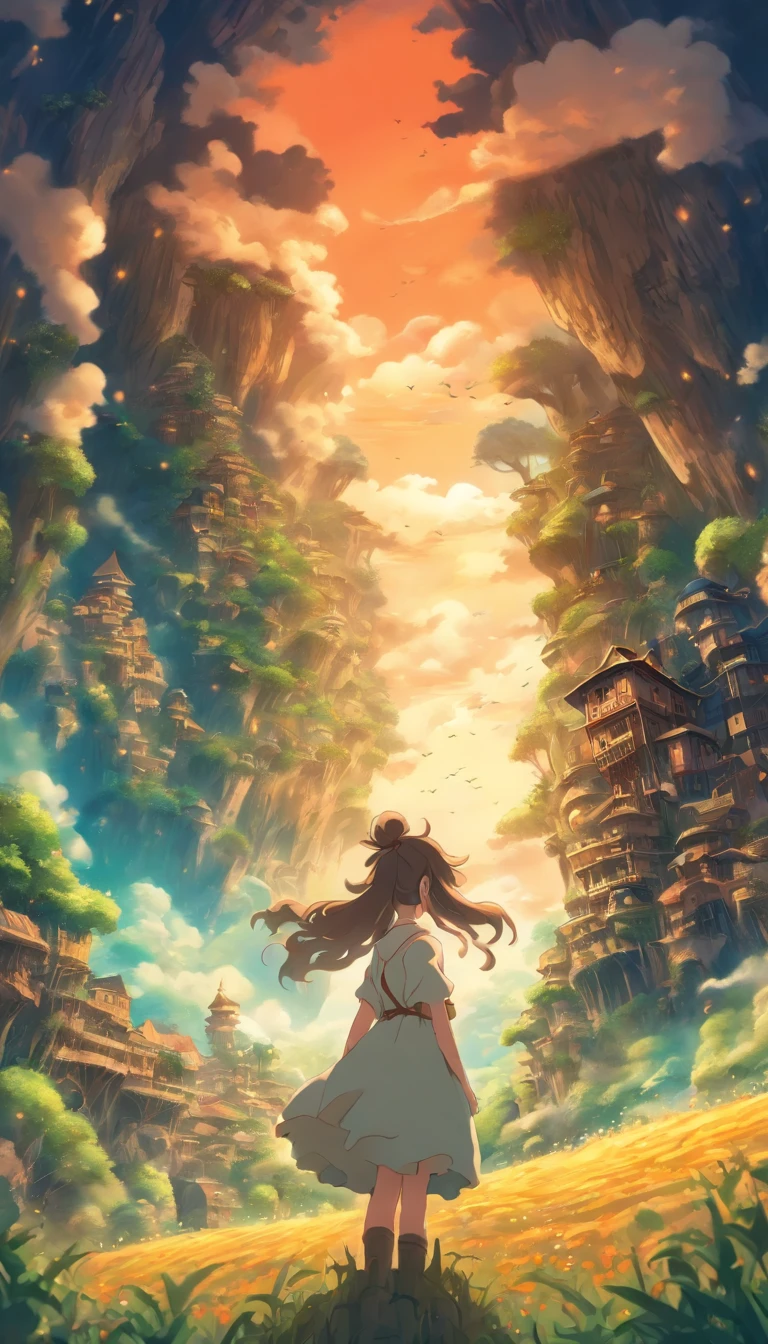 She was just a simple girl working on a farm. She lives in difficult times., These are the Dark Ages. , Crazy world, Floating islands, Cloud Castle, (Best quality:1.3), (A high resolution:1), (Detailed:1.3), (Incredible:1.3), (Perfect:1.3), (Impeccable:1.3), (Volume member art:0), (illustration:1.3), Studio Ghibli productions