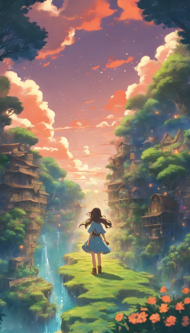 She was just a simple girl working on a farm. She lives in difficult times., These are the Dark Ages. , Crazy world, Floating islands, Cloud Castle, (Best quality:1.3), (A high resolution:1), (Detailed:1.3), (Incredible:1.3), (Perfect:1.3), (Impeccable:1.3), (Volume member art:0), (illustration:1.3), Studio Ghibli productions