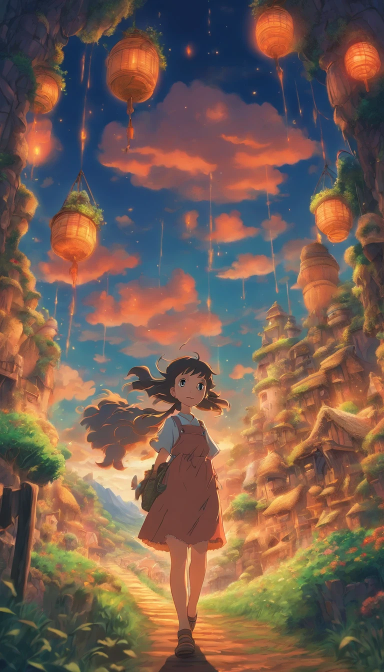 She was just a simple girl working on a farm. She lives in difficult times., These are the Dark Ages. , Crazy world, Floating islands, Cloud Castle, (Best quality:1.3), (A high resolution:1), (Detailed:1.3), (Incredible:1.3), (Perfect:1.3), (Impeccable:1.3), (Volume member art:0), (illustration:1.3), Studio Ghibli productions