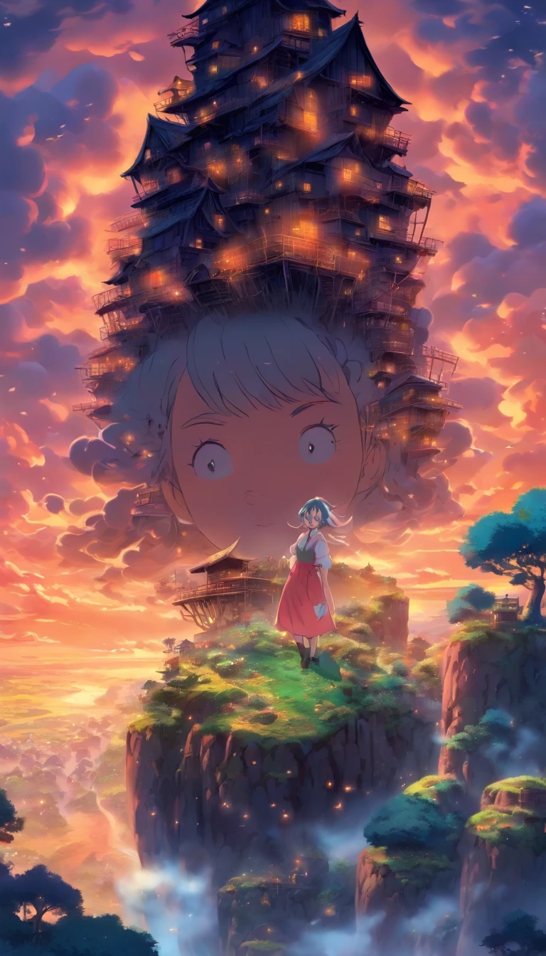 She was just a simple girl working on a farm. She lives in difficult times., These are the Dark Ages. , Crazy world, Floating islands, Cloud Castle, (Best quality:1.3), (A high resolution:1), (Detailed:1.3), (Incredible:1.3), (Perfect:1.3), (Impeccable:1.3), (Volume member art:0), (illustration:1.3), Studio Ghibli productions