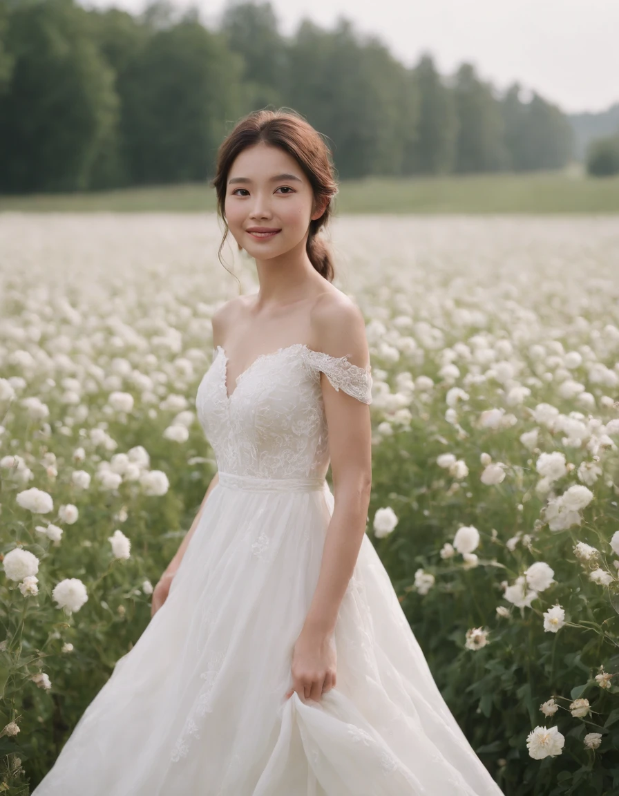 1girl in white wedding dress, Bare shoulders, blooming flower field, light smile,wollensak 127mm f/4.7 ektar