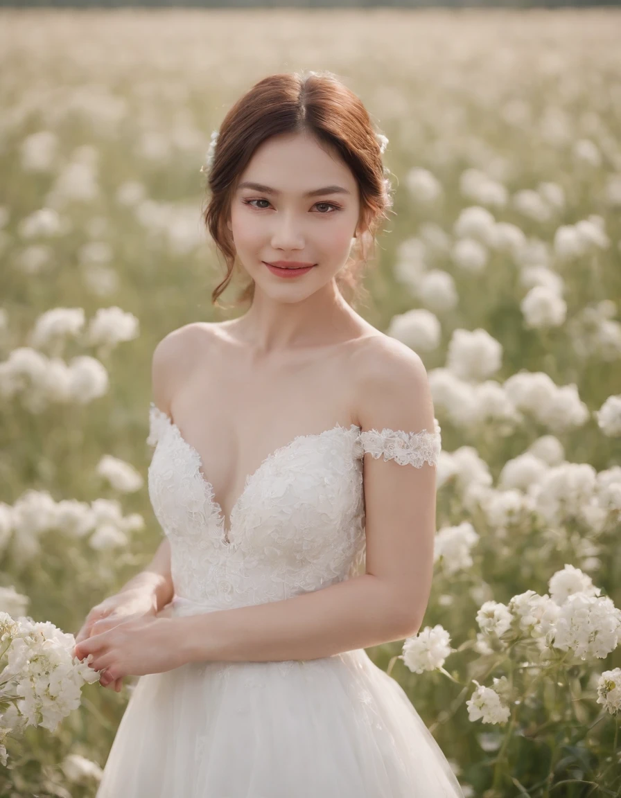 1girl in white wedding dress, Bare shoulders, blooming flower field, light smile，wollensak 127mm f/4.7 ektar