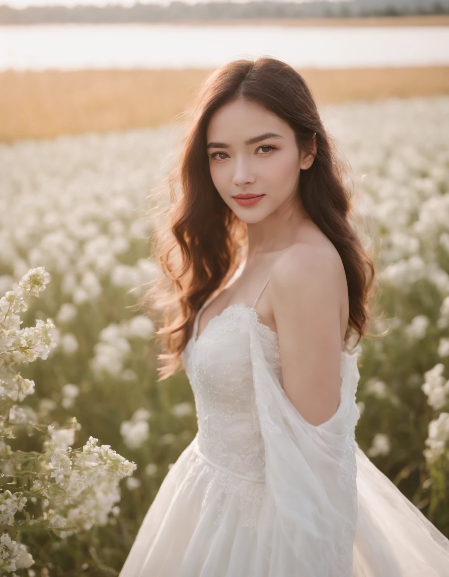1girl in white wedding dress, Bare shoulders, blooming flower field, light smile，wollensak 127mm f/4.7 ektar