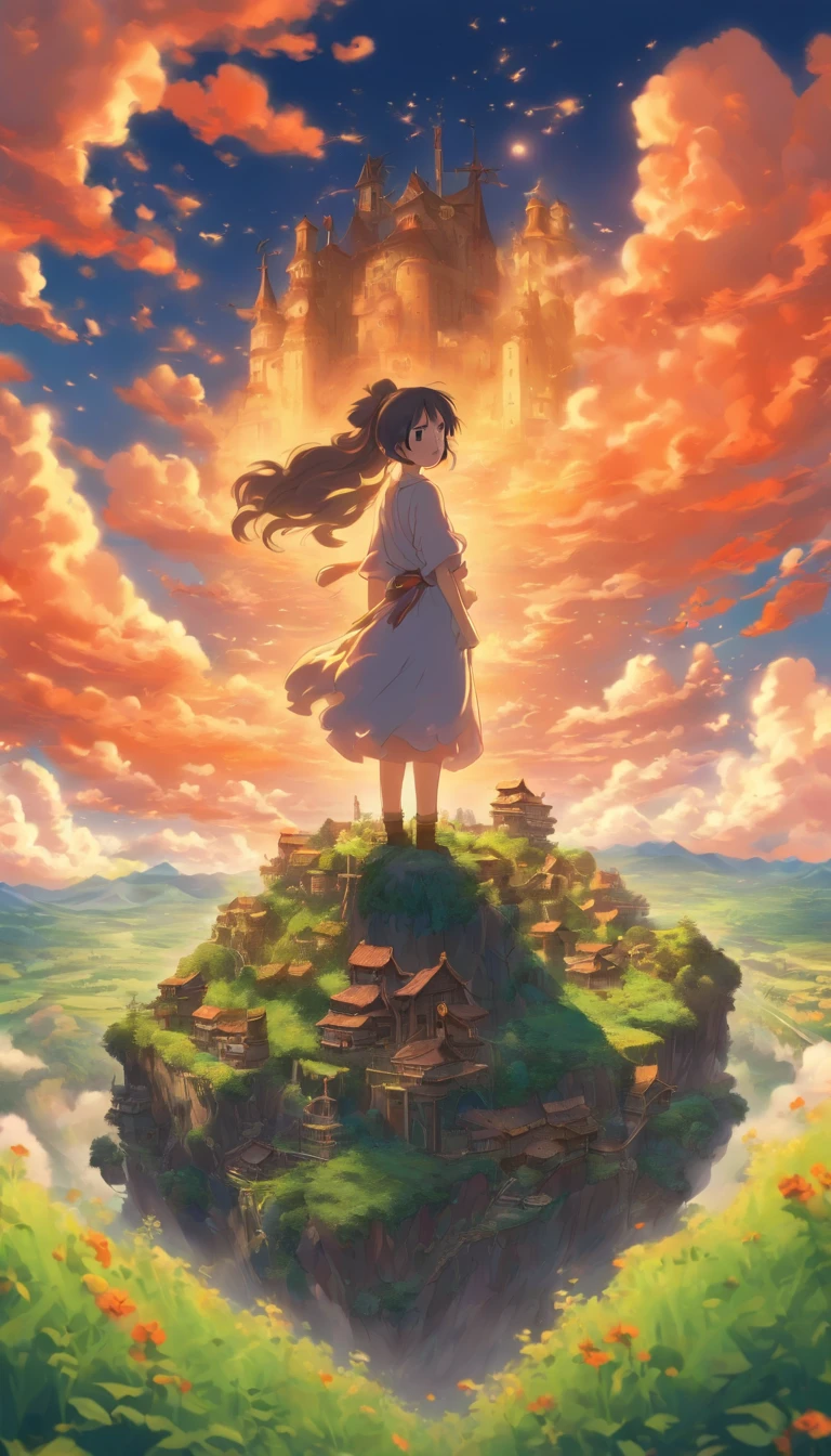 She was just a simple girl working on a farm. She lives in difficult times., These are the Dark Ages. , Crazy world, Floating islands, Cloud Castle, (Best quality:1.3), (A high resolution:1), (Detailed:1.3), (Incredible:1.3), (Perfect:1.3), (Impeccable:1.3), (Volume member art:0), (illustration:1.3), Studio Ghibli productions