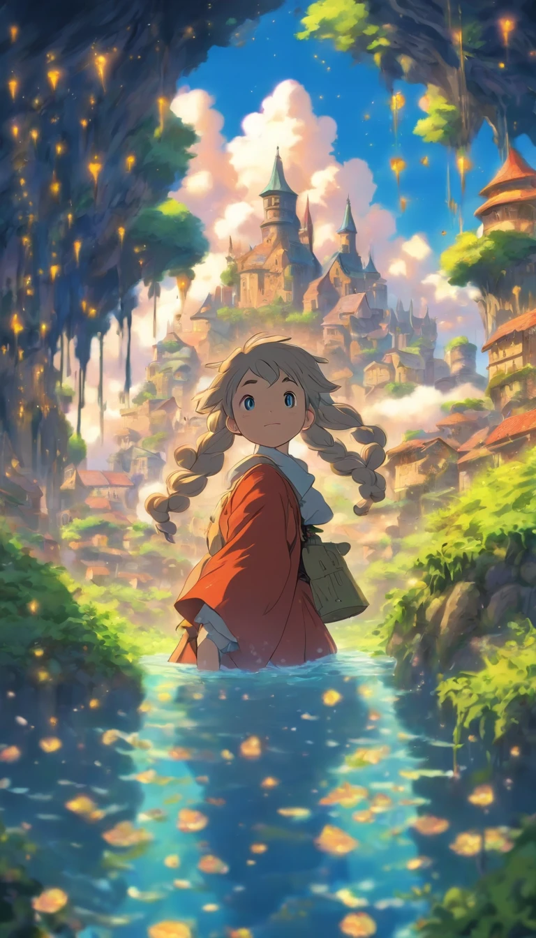 She was just a simple girl working on a farm. She lives in difficult times., These are the Dark Ages. , Crazy world, Floating islands, Cloud Castle, (Best quality:1.3), (A high resolution:1), (Detailed:1.3), (Incredible:1.3), (Perfect:1.3), (Impeccable:1.3), (Volume member art:0), (illustration:1.3), Studio Ghibli productions