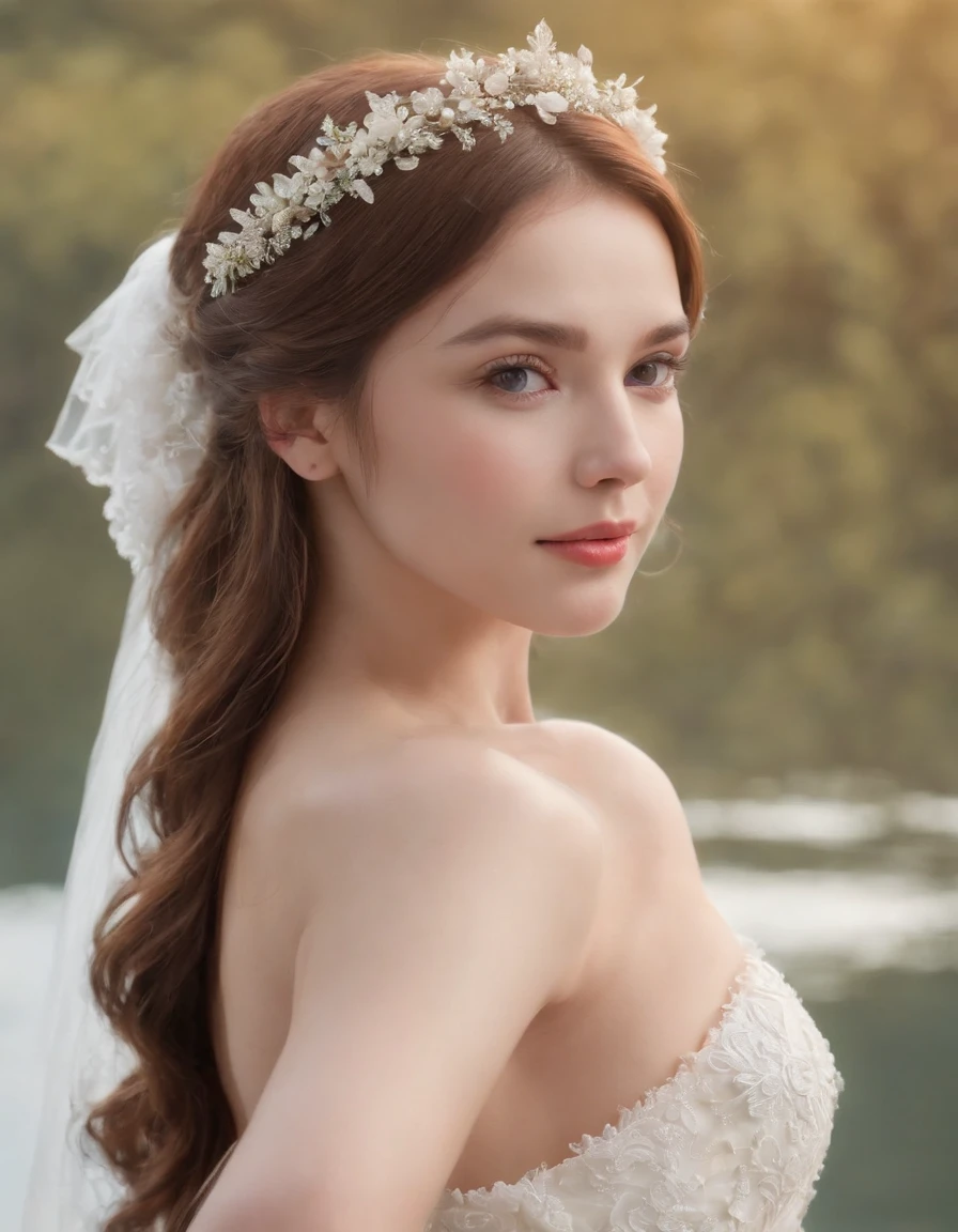 1 beautiful girl, (Realistic:1.3) (full bodyesbian:1.3), standing photo, Stand in front of the blue lake, White wedding dress, Soft dress, Masterpiece, diffused soft lighting, Portrait, Best quality, (Perfect face:1.4), Ultra-realistic Highly detailed, Complex and realistic simulation style photos, Cinematic lighting, studio shoot, Elegant Pose，upper body