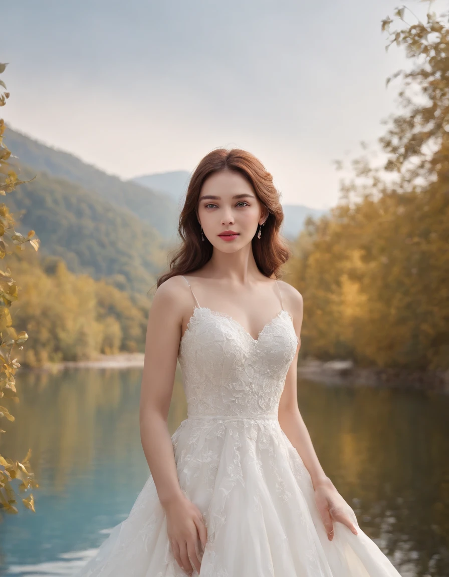 1 beautiful girl, (Realistic:1.3) (full bodyesbian:1.3), standing photo, Stand in front of the blue lake, White wedding dress, Soft dress, Masterpiece, diffused soft lighting, Portrait, Best quality, (Perfect face:1.4), Ultra-realistic Highly detailed, Complex and realistic simulation style photos, Cinematic lighting, studio shoot, Elegant Pose,upper body