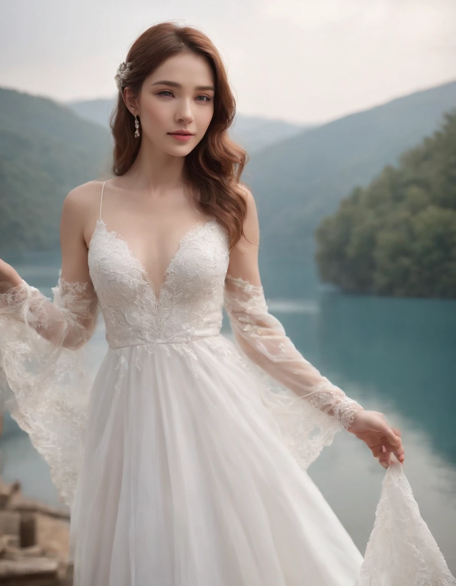 1 beautiful girl, (Realistic:1.3) (full bodyesbian:1.3), standing photo, Stand in front of the blue lake, White wedding dress, Soft dress, Masterpiece, diffused soft lighting, Portrait, Best quality, (Perfect face:1.4), Ultra-realistic Highly detailed, Complex and realistic simulation style photos, Cinematic lighting, studio shoot, Elegant Pose,upper body