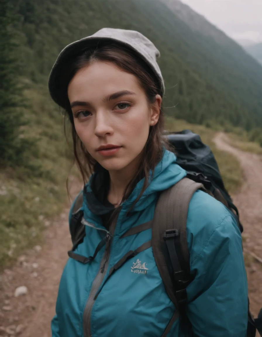 Hiker, in the style of rap aesthetics, schizocore, girl, photo taken with fujifilm superia, charly amani, oversized portraits, babycore,upper body